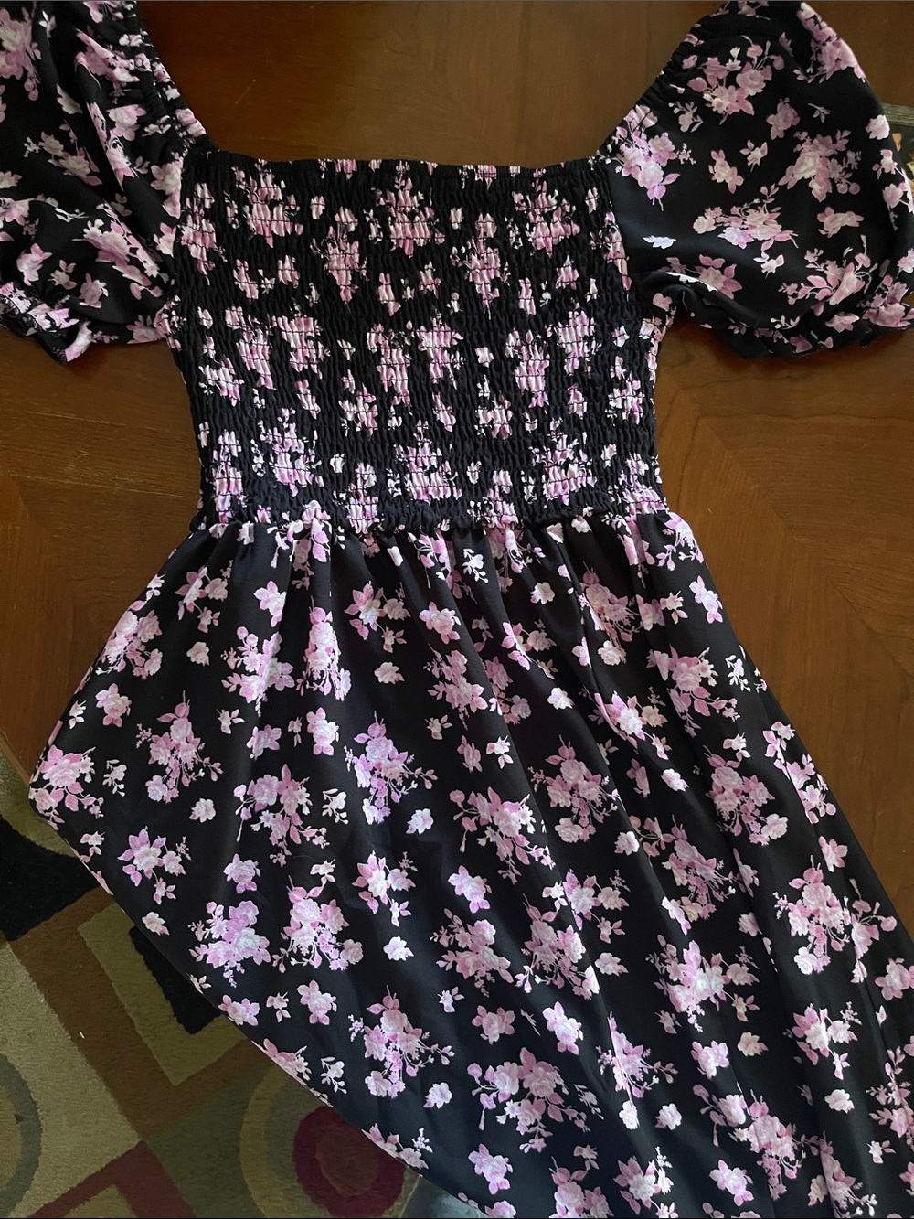 Girls Black Dress with Pink Floral Print - Smocked Bodice